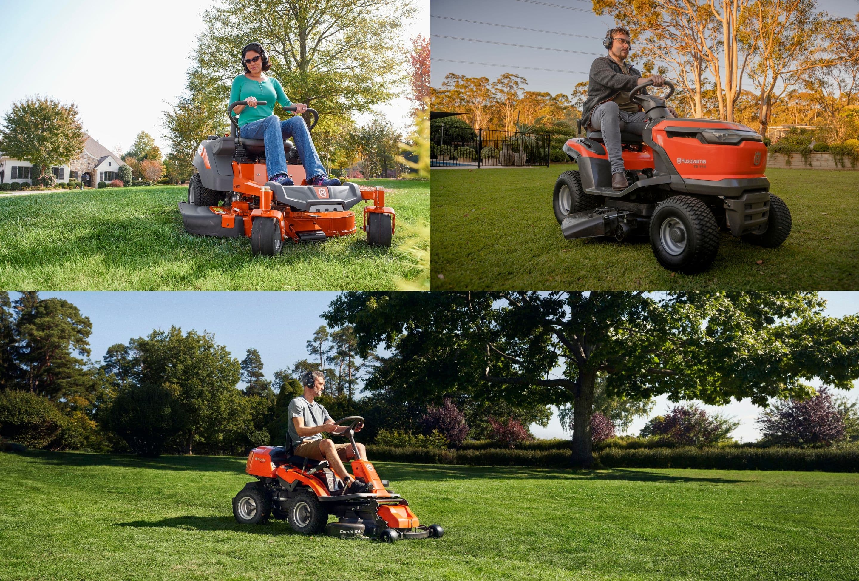 woman driving zero turn mower in property with big lemon trees behind